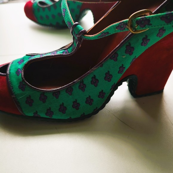MARC JACOBS Canvas Floral Print Pumps Teal Red Adjustable Almond Toe SZ 9 Retro - Picture 5 of 10